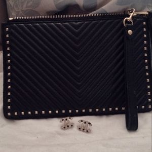 Rebecca Minkoff Black leather Studded V stitch/ CC Earrings